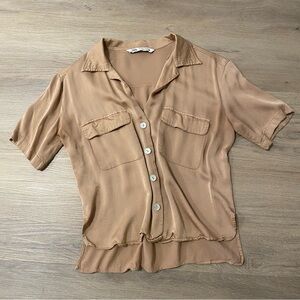 Women’s Zara Size S Light Brown Short Sleeve Button Crop Shirt